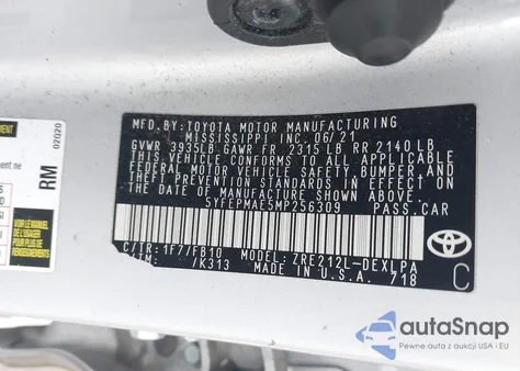 2021 Toyota Corolla Le z USA, uszkodzony, nr VIN 5YFEPMAE5MP256309